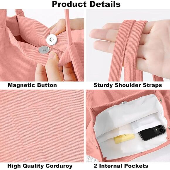 Women Hot Pink Imported Corduroy Small Canvas Shoulder Handy Tote Bag - Picture 4 of 4